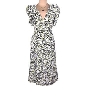 Topshop NWT Womens Floral V Neck Midi Dress Puff Sleeve Tie Back US 4 Prairie